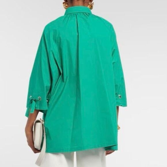 MaxMara Gigi Green 100% Cotton Button Down Tie Sleeve Shirt NWT Size US 4/Small - Picture 2 of 6